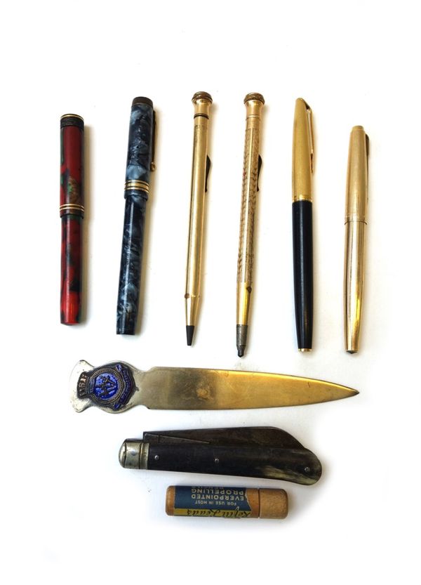 A Conway Stewart 388 fountain pen, a Conway Stewart 'Dandy' fountain pen, a Parker pen, a Waterman's fountain pen and two Wahl Eversharp propelling gi