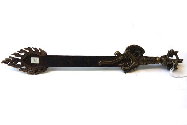 A Tibetan ceremonial bronze and steel 'flaming sword' with dragon head cast handle and flaming tip, 38.5cm.