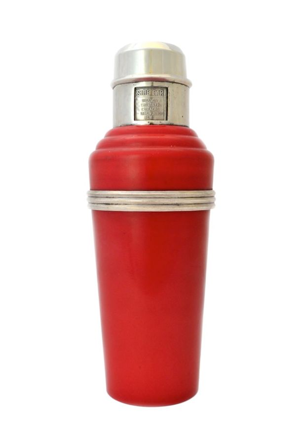 A 'Master Incolor' cocktail shaker, by Raphael & Lawson Clarke, British, circa 1930, red Bakelite and silver plated metal, 27.5cm high. Illustrated.