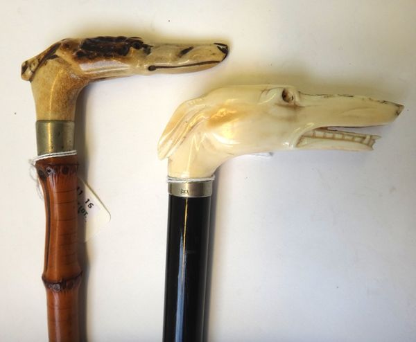 A Victorian ebonised walking cane, the handle carved from ivory as the head of a greyhound with inset glass eyes, 91cm long, and another similarly car