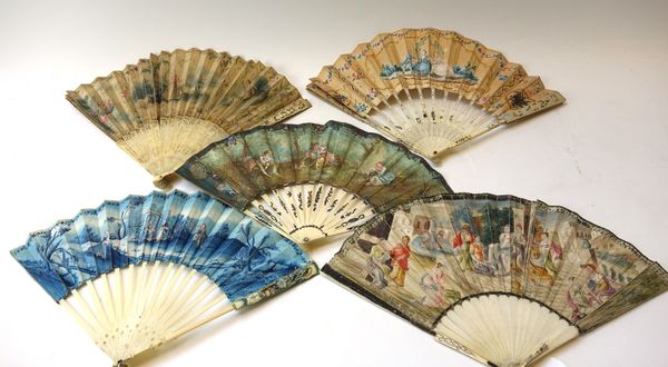 A late 18th century Continental paper fan painted with a religious figural scene, the carved and pierced ivory sticks detailed with female figures on