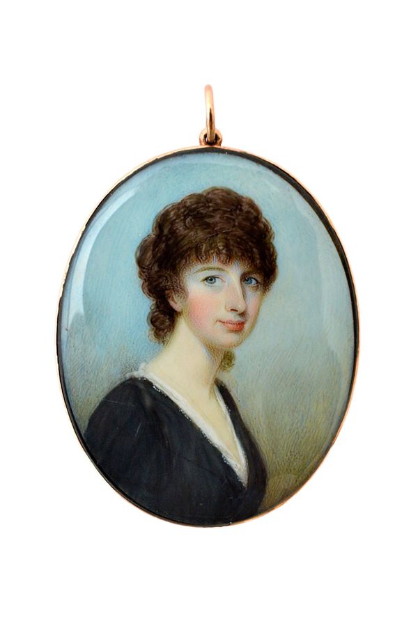 An early 19th century English school portrait miniature on ivory of a young woman in the manner of Andrew Plimmer, gold coloured frame with remnants o
