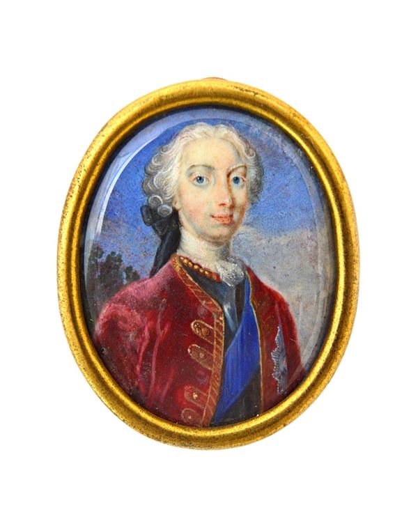 A late 18th century Anglo Scottish school portrait miniature on card of Charles Edward Stuart (1720-1788) 'The Young Pretender' - 'Bonnie Prince Charl