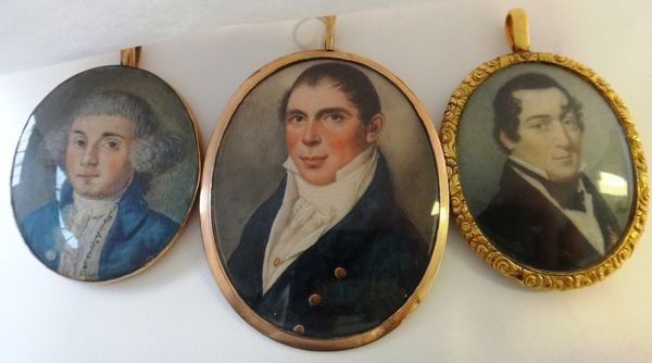 An early 19th century portrait miniature on ivory of a gentleman, signed with initials 'HH' and dated 1820, 5.5cm; and two other portrait miniatures o
