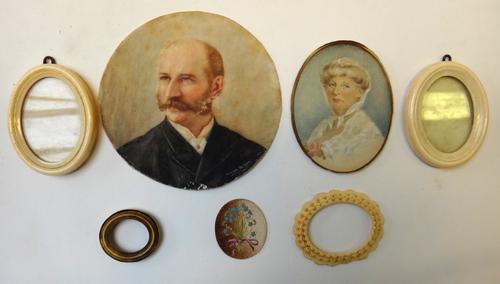 Marion Selwyn (late 19th century) British School, miniature portrait on ivory of a gentleman, incised signature, 10.3cm diameter; a pair of ivory port