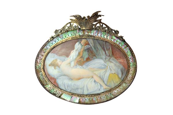 Davin (late 18th/early 19th century) French school, a miniature on ivory depicting "The Happy Awakening" - a Titian haired nude woman in a bed with he