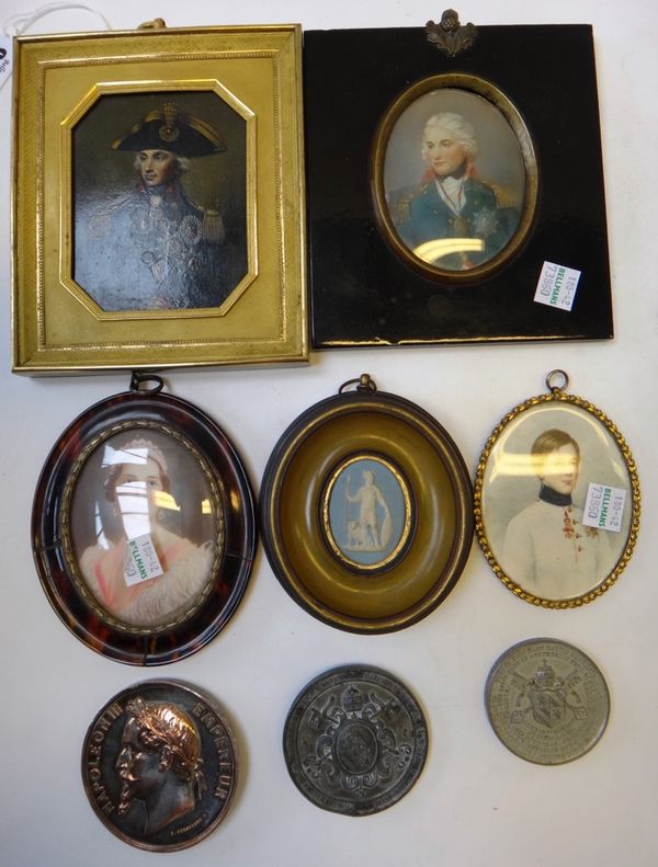 A miniature painting on tin depicting Lord Nelson, housed in an engine turned brass frame, 10cm x 9cm, together with three further miniatures, a Wedgw