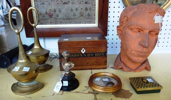 A quantity of metalware collectables, including; a terracotta bust of a young boy, 28cm high, an oval iron wall plaque relief cast with King Leopold,