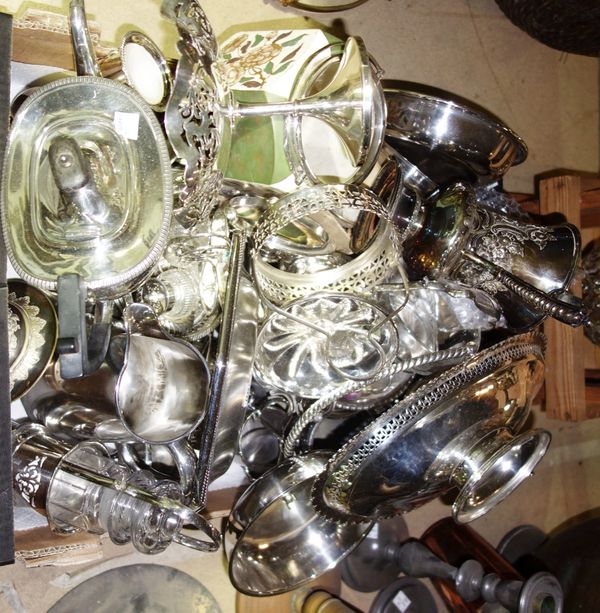 A quantity of assorted silver plate including a tea set, biscuit jar, dishes and sundry. S3B