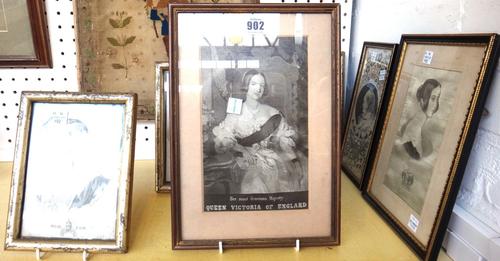 Six silk pictures, 19th century, each depicting Royal related subjects; SA Majeste Eugenie, Nicholas I, three of Victoria and one further, framed and