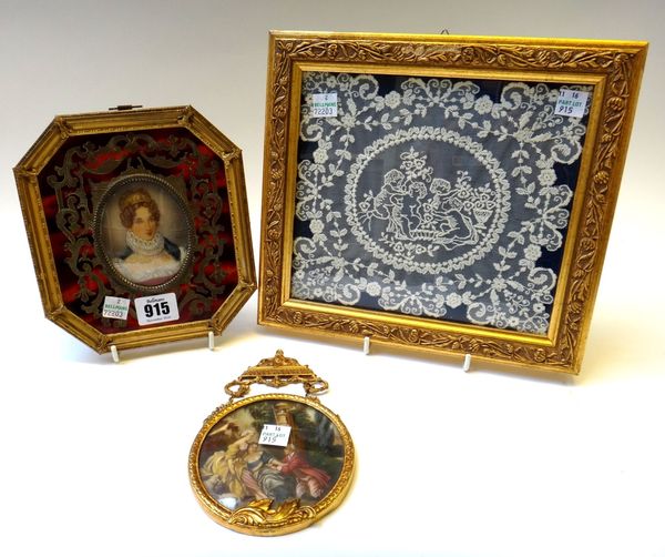 An oval portrait miniature depicting a young lady in 19th century dress, housed in a brass boulle work frame of canted square form, 18cm high, togethe