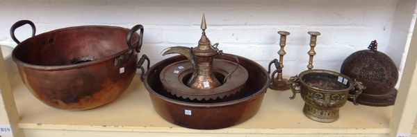 A quantity of metalware items, including; two copper jam pans with brass handles, 49cm wide, a Middle Eastern hanging lantern of pierced metal form, a