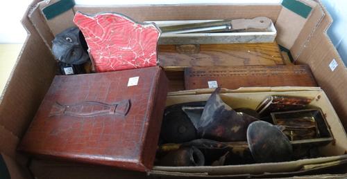A quantity of collectables, including; a Victorian mahogany and brass bound writing slope, a silver plated table top mirror, 24cm high, a Mappin & Web