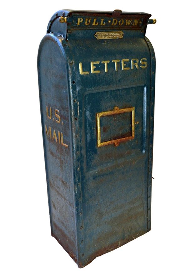 A cast iron and metal postal letter box, 20th century, of shaped rectangular form, with pull down letter flap and gilt lettered 'U.S. Mail' against a