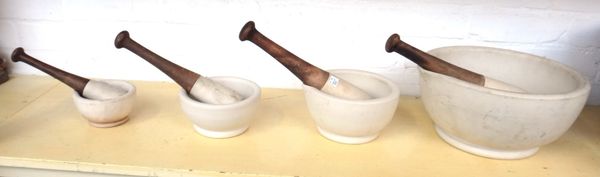 A set of four graduated limestone pestle and mortars, modern, with stamp marks to base, the largest 30cm diameter (4).