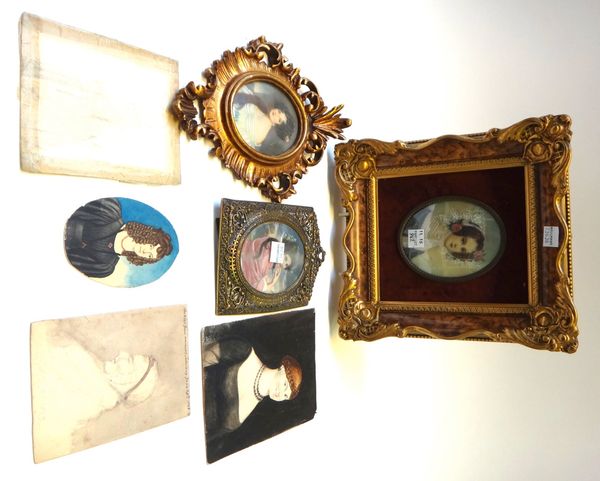 Three early 20th century framed Continental portrait miniatures of women; three unframed early 19th century pencil and wash portraits and a similar pe