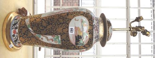 A Samson Imari baluster vase and cover, 20th century, converted to a table lamp, with giltwood fitments, 52cm high.