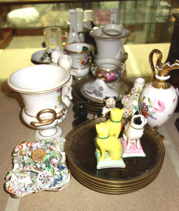 A quantity of ceramics and glass, including nine Venetian style glass plates with jewelled borders, a pair of Dresden vases decorated with figures, a