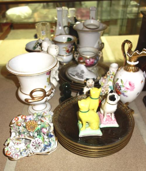 A quantity of ceramics and glass, including nine Venetian style glass plates with jewelled borders, a pair of Dresden vases decorated with figures, a