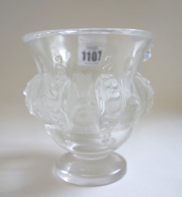 A Lalique clear and frosted glass vase, post war, moulded with birds on a pedestal foot, etched 'Lalique France', 12cm high.