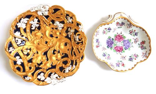 A Meissen porcelain dish, 20th century, with gilt foliate decoration against a cobalt blue ground, with blue crossed swords mark, 30cm diameter, and a