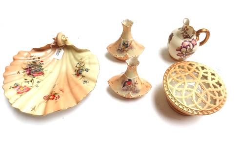 A pair of Locke & Co. Worcester vases, circa 1900, of squat form, each painted with a bird in branches against a shaded apricot ground, printed mark,