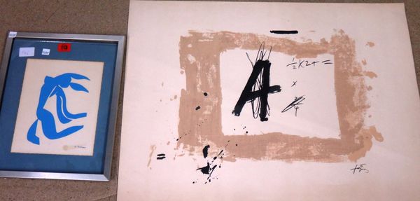 After Matisse, A bookplate, colour lithograph, 24cm x 19cm.; together with a Tapies abstract print, unframed.(2) CAB