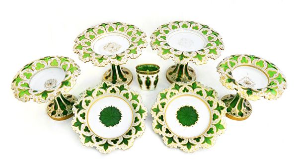 A Bohemian cut glass and enamel decorated dessert service, late 19th century, with gilt foliate decoration, comprising; two tazza, 17cm high, two smal