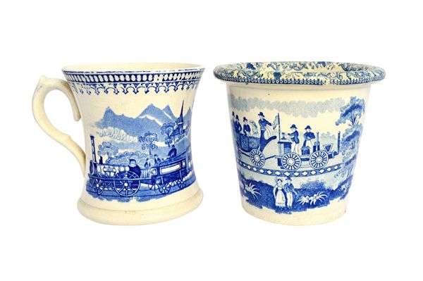 A Godwin blue and white printed earthenware mug and jardiniere of railway interest, 19th century, the waisted mug printed with the locomotive `Jago',