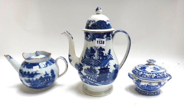 A group of blue and white printed earthenwares, 19th century, comprising; a small Minton sauce tureen and cover printed with `Bysham Monastery'; a Spo