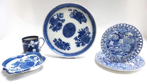 A group of Swansea blue and white printed pearlwares, early 19th century, comprising; a shell shaped dish printed with the `Fitzhugh' pattern, 21cm. d