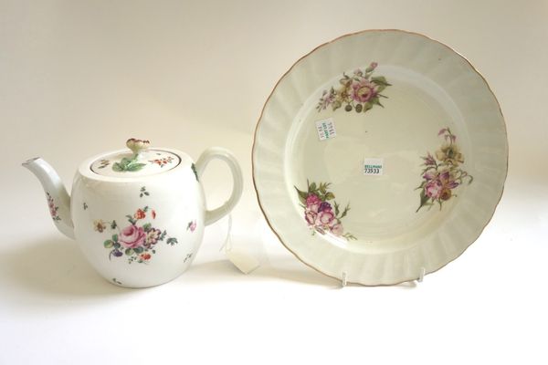 A Derby barrel shaped teapot and cover, circa 1790, painted with flower sprays and sprigs, the cover with flower knop, 14cm. high; and a porcelain pla