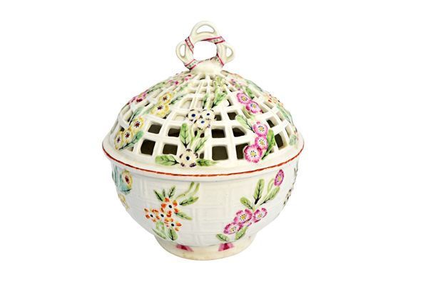 A Derby chestnut basket and cover, circa 1765-70, of circular form, moulded with basketwork and trailing flowers, the cover pierced, 15.3cm. high. Ill