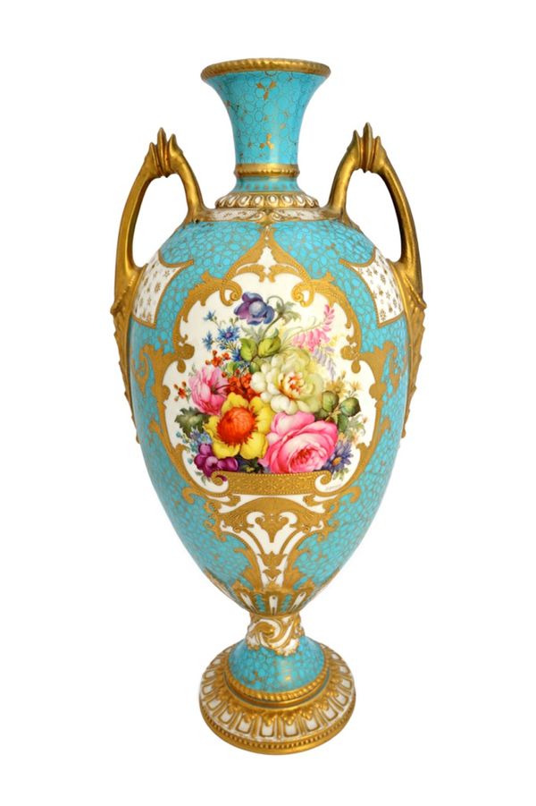 A Royal Crown Derby two handled vase, 1903, with iron red printed factory marks, the turquoise and gilt cailloute ground reserved to each side with a