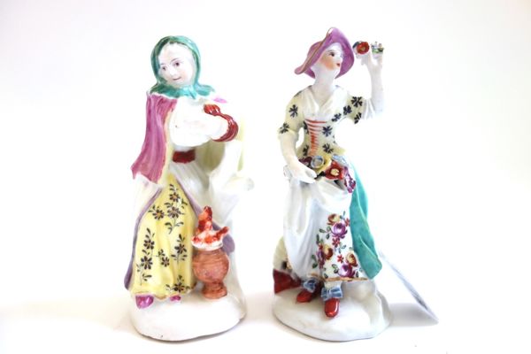 Two small Derby figures of the Seasons, circa 1758; Spring as a young woman with flowers, a beehive at her feet, Winter as a woman holding her hands a