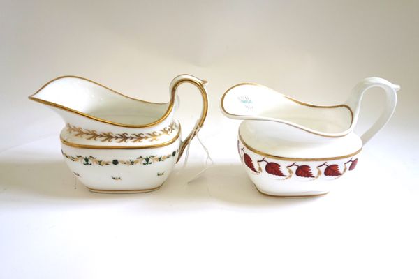 A Swansea porcelain milk jug and a Nantgarw milk jug, circa 1815-20, of oblong form, the Swansea jug painted with a border of small urns and flowerhea