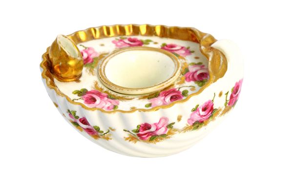 A Swansea inkwell and liner, circa 1815-17, of shell form, painted with pink roses beneath gilt borders, uppercase mark in red, (cover lacking, liner