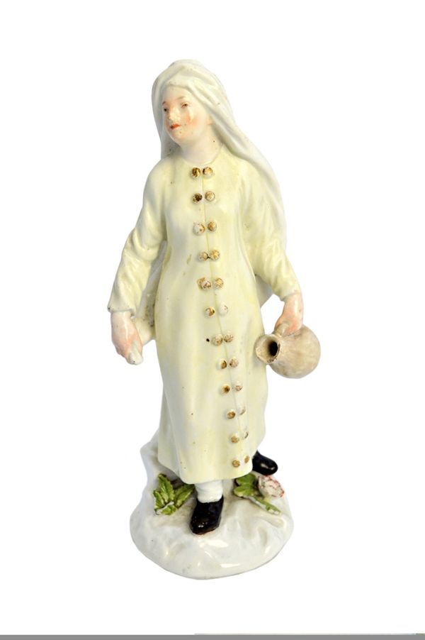 A Meissen figure of a water carrier, circa 1745, modelled by P.Reinicke as a young woman in flowing white scarf and pale yellow tunic with gilt button