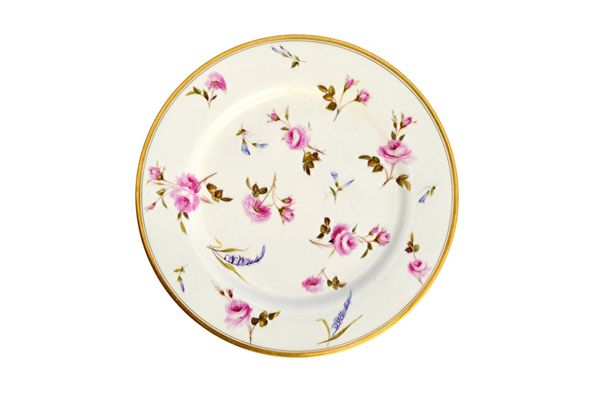 A Barr, Flight and Barr plate, circa 1810, painted by William Billingsley with scattered pink roses, morning glory and bluebells, impressed crown and