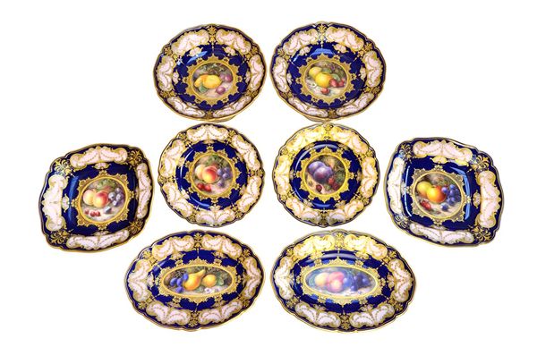 A Royal Worcester part dessert service by Richard Sebright, circa 1911, each painted in the centre with and arrangement of fruit, signed R.Sebright, a