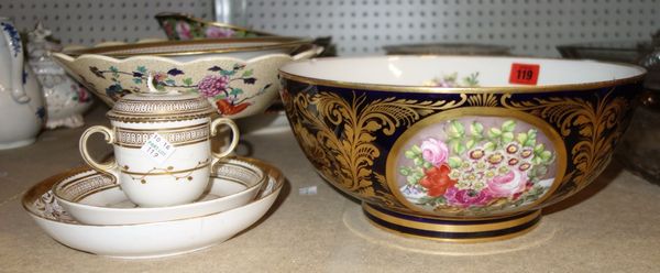 A quantity of ceramics, including a large Derby rose bowl with floral decoration a pair of Derby blue and gilt bowls, a pair of Bisto tazzas and sundr