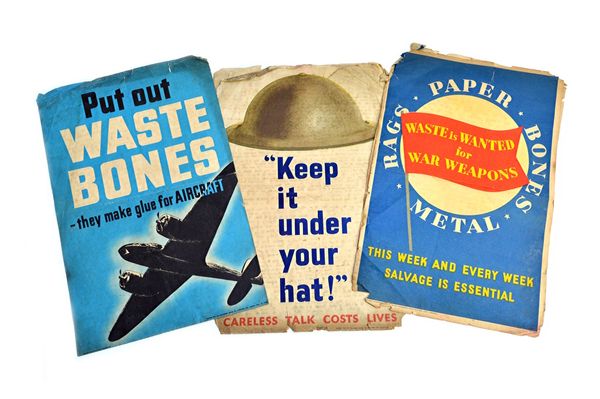 WORLD WAR 2 -  5 'Home Front' handbills, titled - Keep it Under Your Hat (2 copies); Put Out Waste Bones - they make glue for aircraft; Waste is Wante