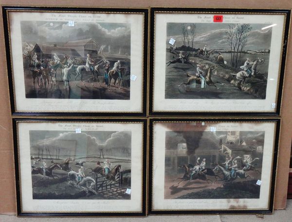 After Henry Alken, The First Steeple Chase on Record, a set of four aquatints with hand colouring, each 35cm x 45cm.; together with Quicksilver Royal