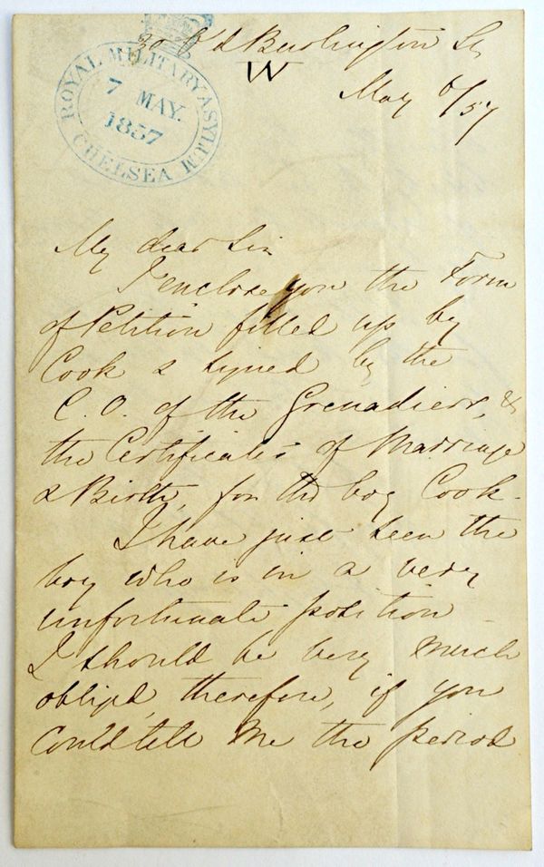 FLORENCE NIGHTINGALE - 2 pp. ms. letter (Old Burlington St., May 6/57); concerning the possibility of 'the boy Cook' joining the Grenadier Guards  *