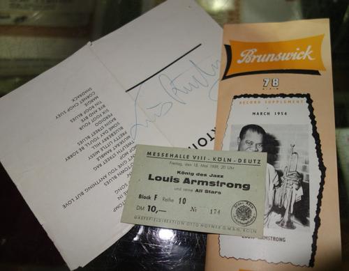 A Louis Armstrong German autograph and ticket 1959 together with a signature from the same era. CAB