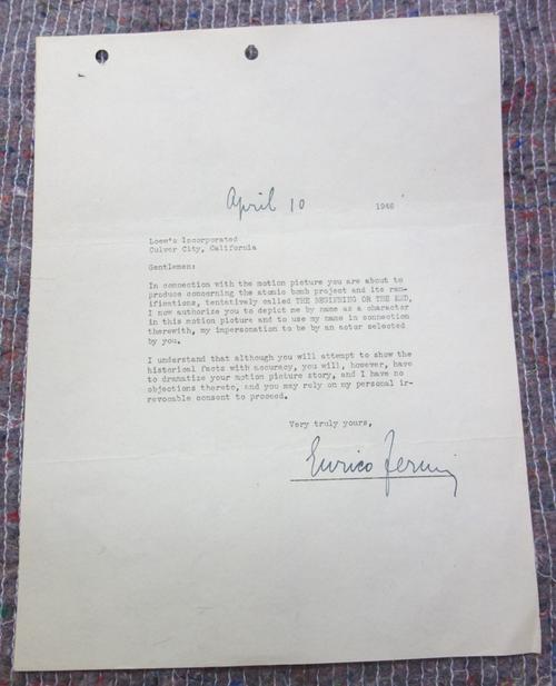 MANHATTAN PROJECT - motion picture 'The Beginning or the End', M-G-M Studios (released 1947); 12 line tls. signed Enrico Fermi (April 10, 1946) & addr