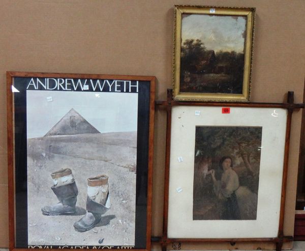 A group of three, including a Baxter print 'The Lover's Letterbox'; a 19th century oil of an old mill, and an Andrew Wyeth Royal Academy poster, (3).