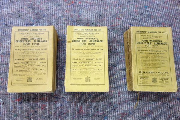 WISDEN - John Wisden's Cricketer's Almanack, issues for 1928, 1929, 1937.  each with the photo. plate, original printed yellow wrappers.