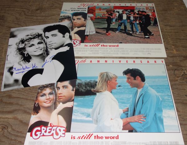 Two 'Grease' lobby cards, a signed photo and a large poster. All potential purchasers should satisfy themselves with authenticity of signatures. CAB/G