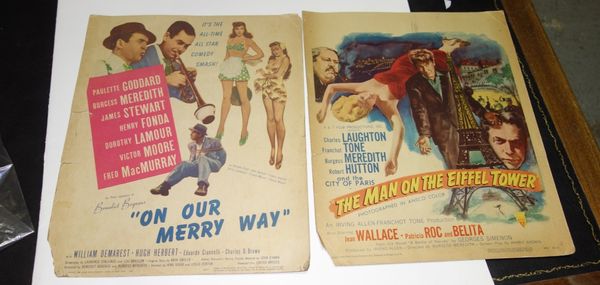 A pair of 1940's film advertising cards for ' On Our Merry Way' and 'The Man On The Eiffel Tower'. (2)  SH4